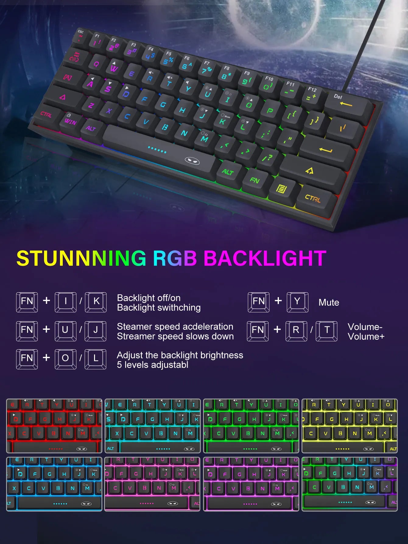 Tastiera Da Gioco MageGee Mini 60 Per Cento Con 61 Tasti Retroilluminata Rgb Ergonomica Impermeabile TS91