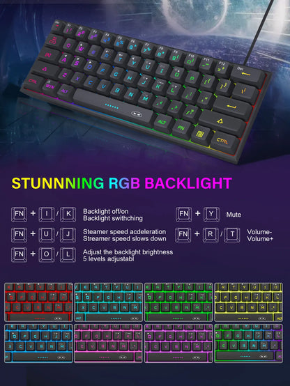 Tastiera Da Gioco MageGee Mini 60 Per Cento Con 61 Tasti Retroilluminata Rgb Ergonomica Impermeabile TS91