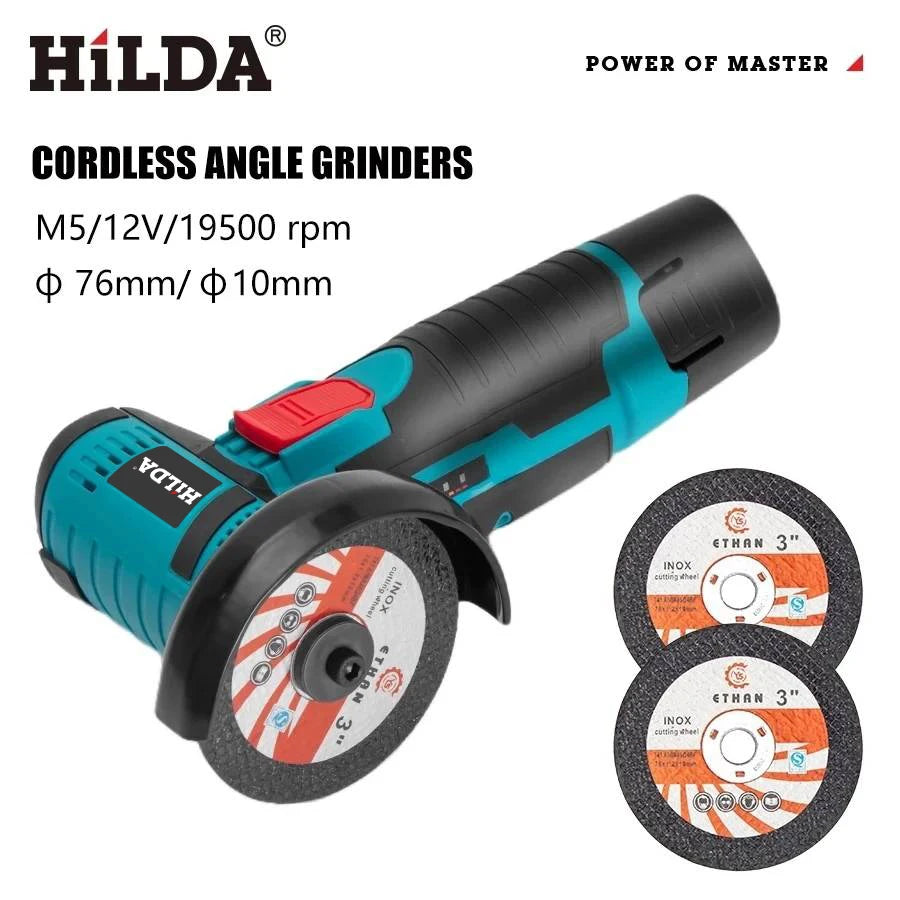 HILDA 12V Smerigliatrice angolare elettrica al litio da 3 pollici Strumento portatile compatto per riparazioni fai-da-te e domestiche Leggero con forte potenza