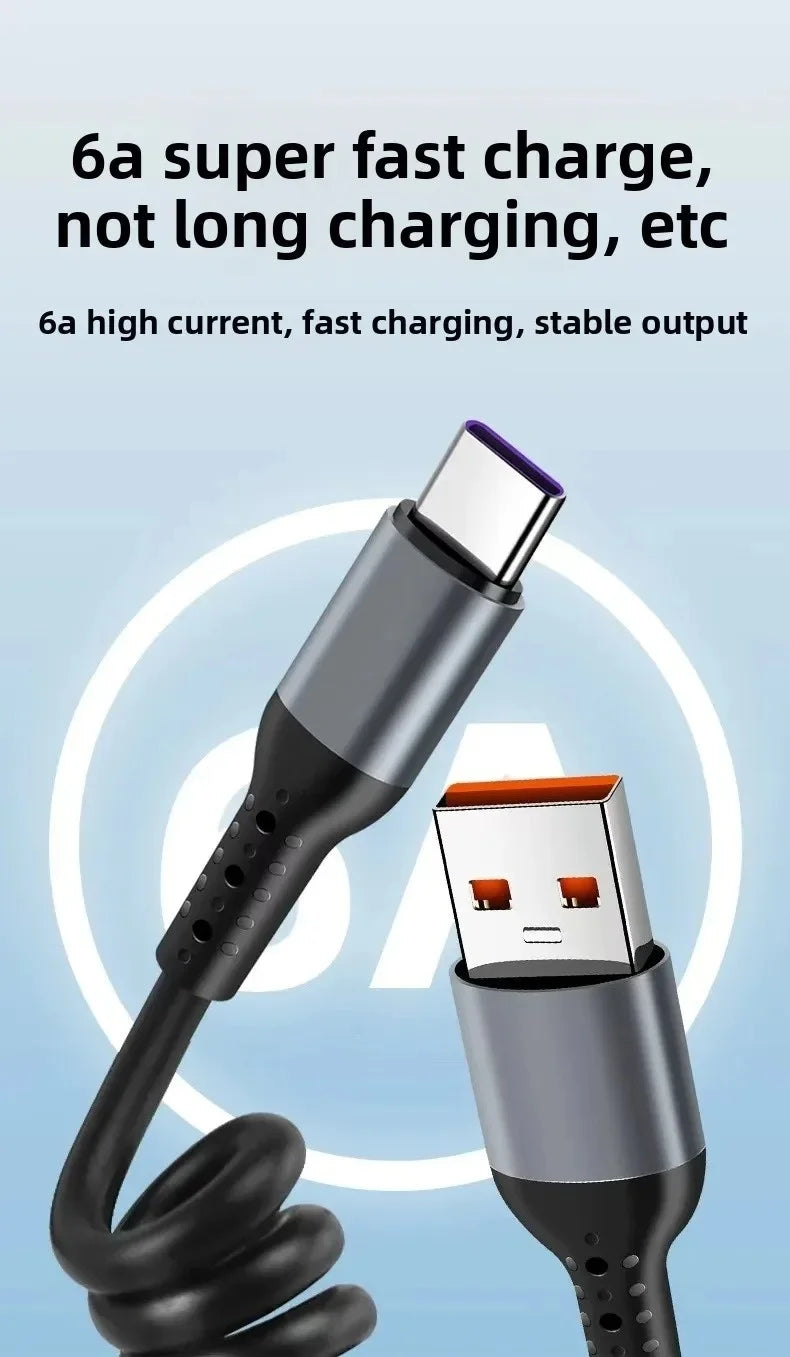 Cavo USB C a USB C 6A Retrattile a Molla per Ricarica Rapida da 25cm a 1M, Cavo Dati per Auto Compatibile con iPhone 16, Samsung, Xiaomi, Huawei