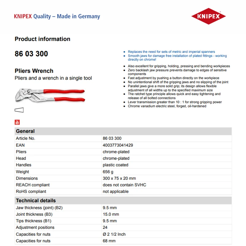 Knipex Pinza Idraulica Regolabile Cromata Multifunzione Isolata Per Lavori Tecnici