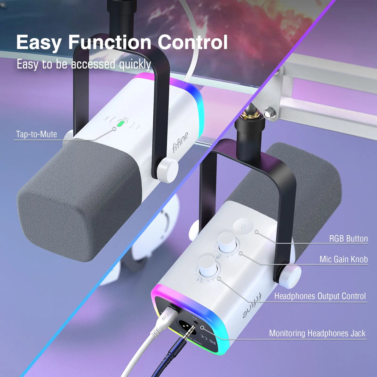 Kit Microfono Da Gioco Fifine Usb Xlr Con Cuffie Braccio Boom Rgb Dinamico Per Pc Ps5 Ps4 Am8tw White