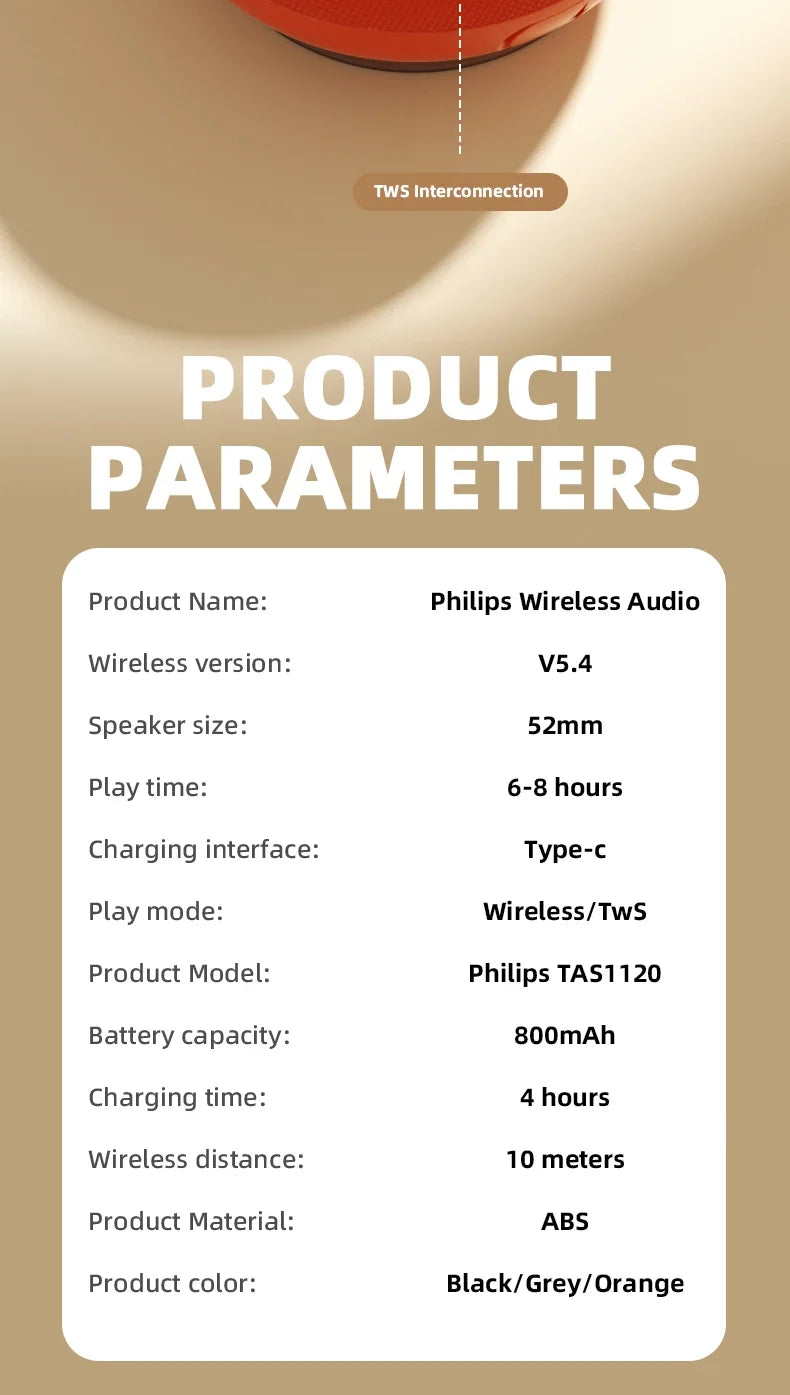 Philips TAS1120 Altoparlante Bluetooth da 800 mAh, cassa audio impermeabile per interni ed esterni con ventosa e cordino, altoparlante portatile per esterni