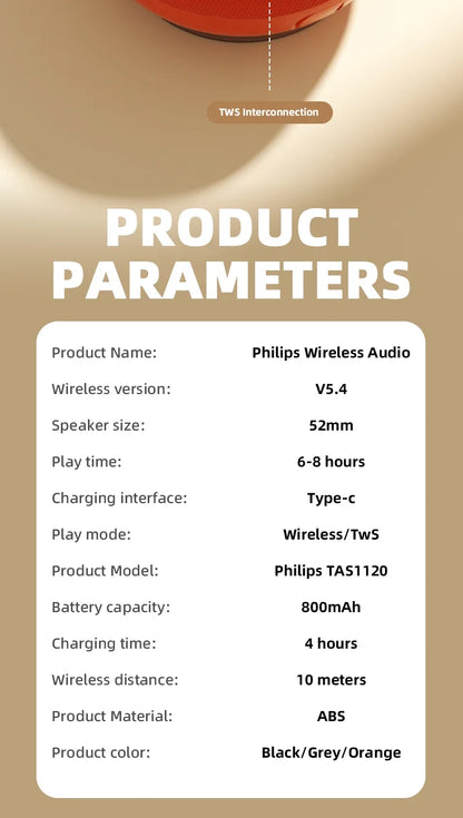 Philips TAS1120 Altoparlante Bluetooth da 800 mAh, cassa audio impermeabile per interni ed esterni con ventosa e cordino, altoparlante portatile per esterni