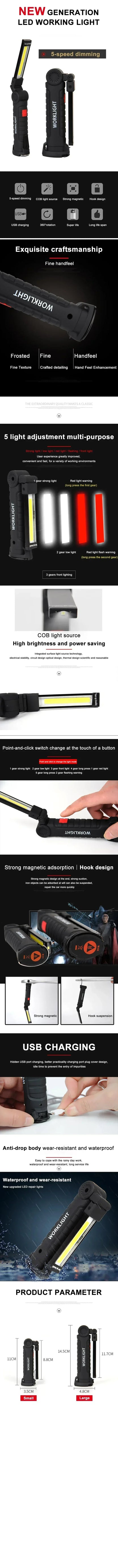 Lampada Da Lavoro Portatile Led Cob Ricaricabile Usb Con Gancio Magnetico E Power Bank