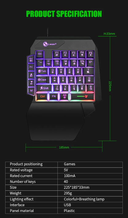 Mini tastiera da gioco con una sola mano da 35 tasti Tastiera retroilluminata cablata ultrasottile USB per laptop PC desktop Smartphone