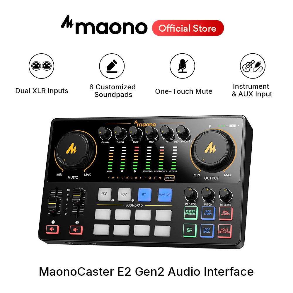 MaonoCaster E2 Gen2 Interfaccia Audio Mixer con Doppio Ingresso XLR per Podcast, Streaming Live e Gaming