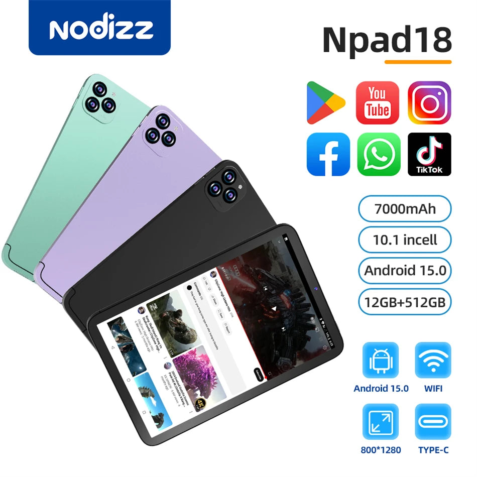 Tablet 10,1 Pollici 4G Con Chiamate RAM 12GB Memoria Interna 512GB Dual SIM Android 14 Batteria 6000mAh