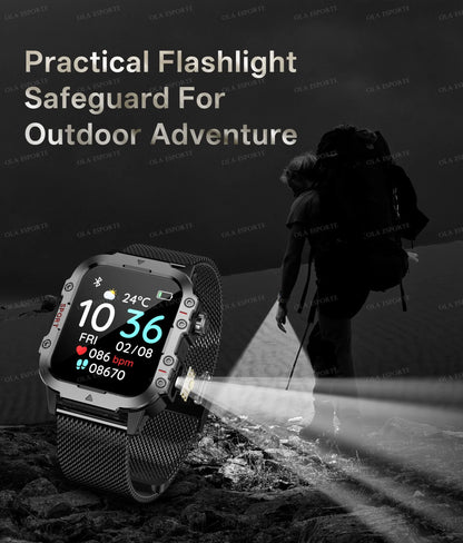2025 Nuova Torcia Elettrica Militare Astuto Della Vigilanza Degli Uomini IP68 5ATM Sport All'aria Aperta Fitness Tracker Monitor di Salute 1.44 Pollici BT Chiamata Smartwatch