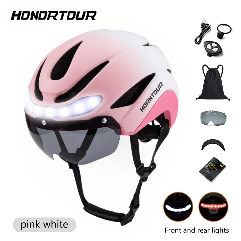 Casco Da Bicicletta Horntour HT-16 Con Luci Led Frontali e Posteriori Segnali Leggero Certificato CE