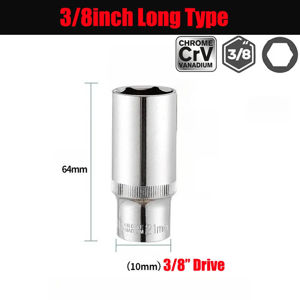 Set di bussole lunghe corte da 3/8 pollici CRV 6-24mm Adattatore per presa profonda per chiave a bussola a cricchetto di coppia Strumento manuale di riparazione