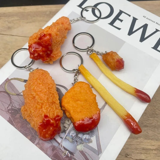 Portachiavi con patatine fritte di pollo fritto, pepite di pollo fritto, cibo simulato, modello giocattolo, portachiavi, borsa per telefono per auto, ciondolo, ornamento regalo