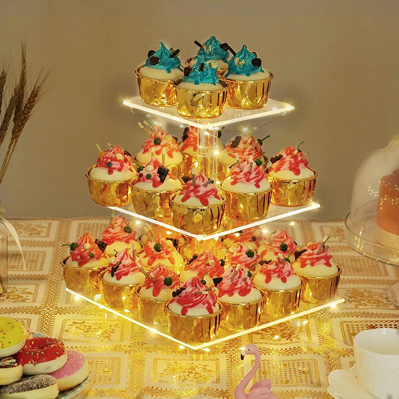 Supporto Torta Acrilico Trasparente Quadrato A Tre Livelli Con Luci a Led Per Feste e Matrimoni