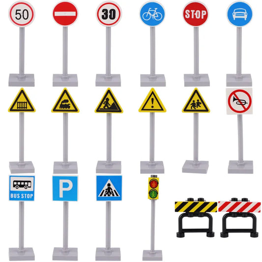 18 set MOC Street Traffic Building Blocks City Road Segnali stradali Blocchi Giocattoli Segnaletica classica Scheda di avvertimento Mattoni Parti di giocattoli