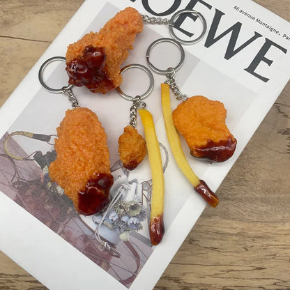 Portachiavi con patatine fritte di pollo fritto, pepite di pollo fritto, cibo simulato, modello giocattolo, portachiavi, borsa per telefono per auto, ciondolo, ornamento regalo