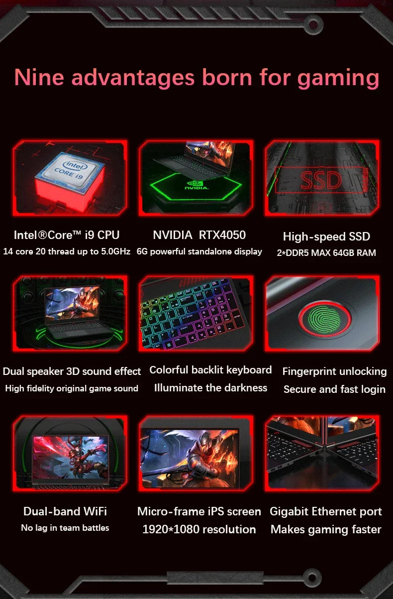 Laptop Da Gaming Ultra Sottile 16,1 Pollici RTX 4050 6G Intel Core I9/I5 Win11 Pro Dual DDR5 e Dual M.2