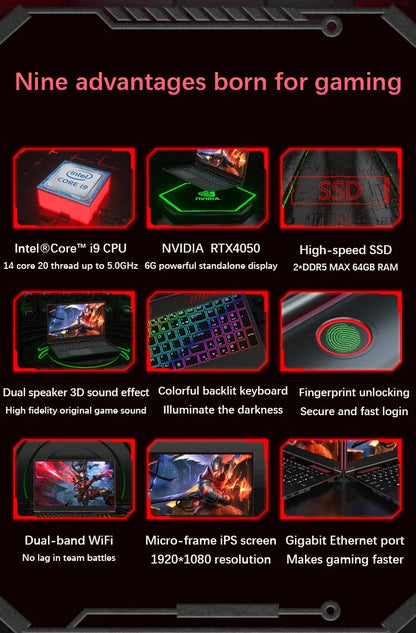 Laptop Da Gaming Ultra Sottile 16,1 Pollici RTX 4050 6G Intel Core I9/I5 Win11 Pro Dual DDR5 e Dual M.2