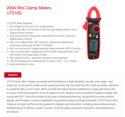 Pinza Amperometrica Digitale UT210E UT210D UT210C Vero Rms Con Misura Corrente CA 2A 20A 100A