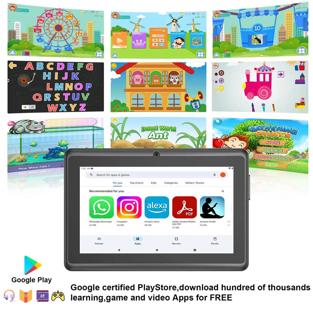 Tablet Per Bambini 7 Pollici Android 13, 4GB RAM, 64GB ROM Espandibile Fino A 1TB, WiFi e Bluetooth, 4000mAh