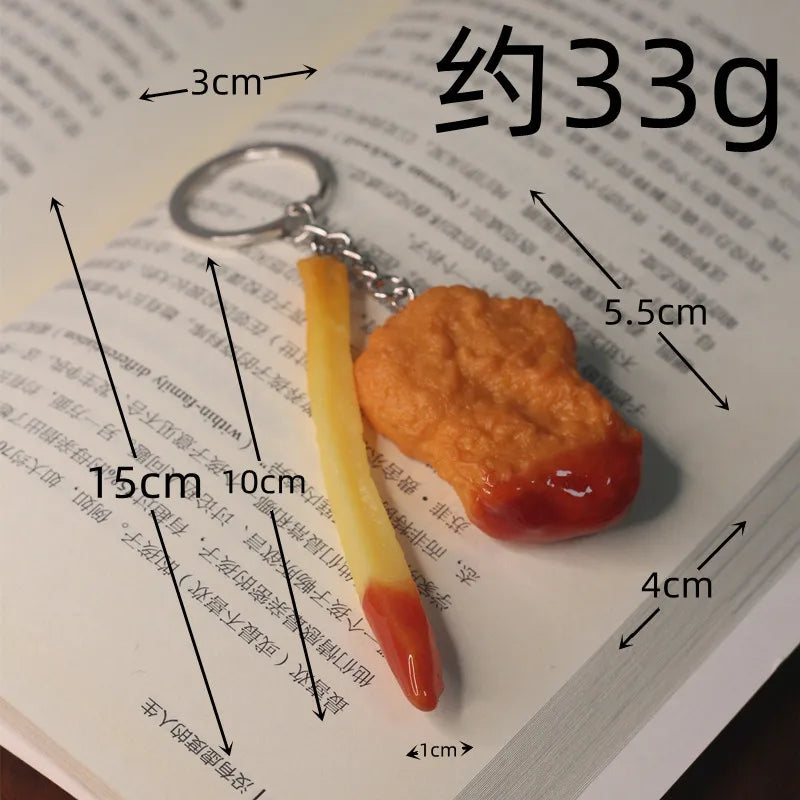 Portachiavi con patatine fritte di pollo fritto, pepite di pollo fritto, cibo simulato, modello giocattolo, portachiavi, borsa per telefono per auto, ciondolo, ornamento regalo