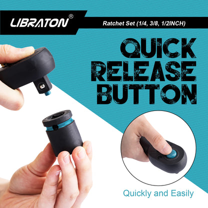 LIBRATON Chiave a cricchetto da 72 denti Maniglia a cricchetto a sgancio rapido reversibile 1/4 '' 3/8 '' 1/2 '' Drive Strumento di riparazione automatica Strumenti fai da te per la casa