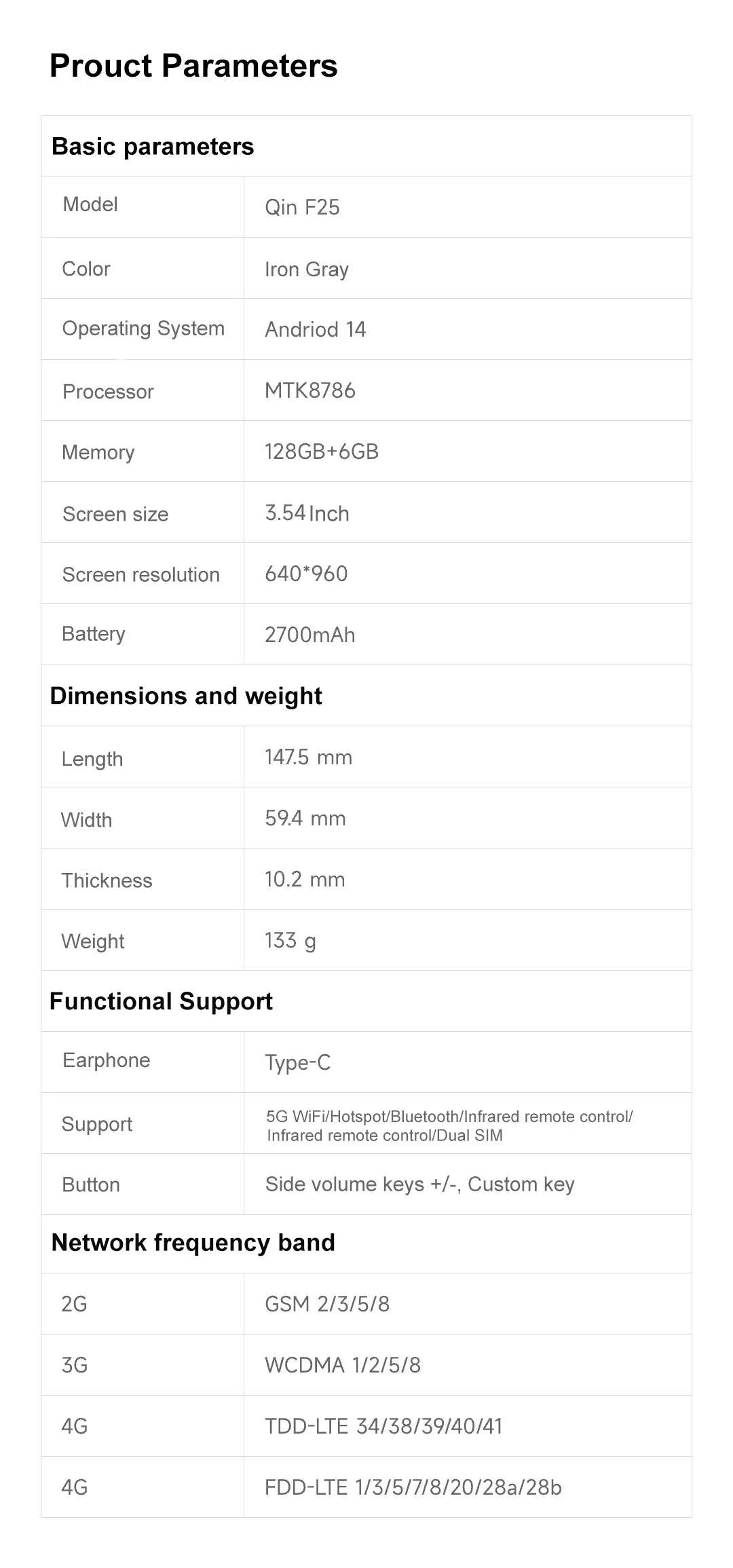Qin F25 MTK8786 Non sbloccare Google Play Android 14 Schede SIM doppie 6 GB + 128 GB 2700 mAh WIFI Bluetooth Touch Schermo da 3,54 pollici