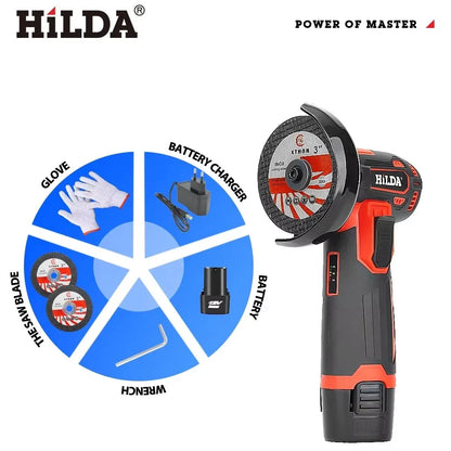 HILDA 12V Smerigliatrice angolare elettrica al litio da 3 pollici Strumento portatile compatto per riparazioni fai-da-te e domestiche Leggero con forte potenza