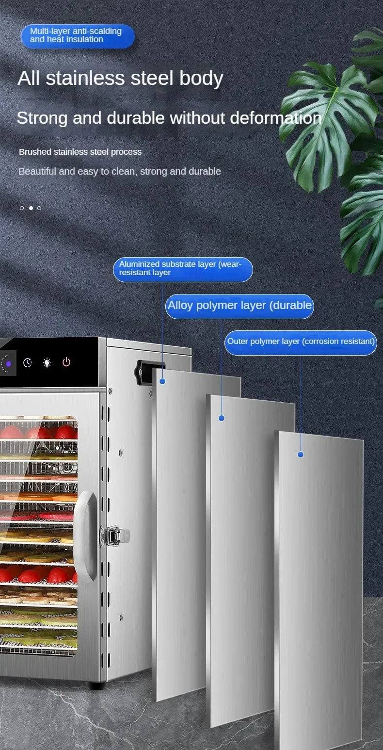 Essiccatore Alimentare a Strati con Pannello Touch Controllo Temperatura e 6/8/12/18 Ripiani in Acciaio Inossidabile