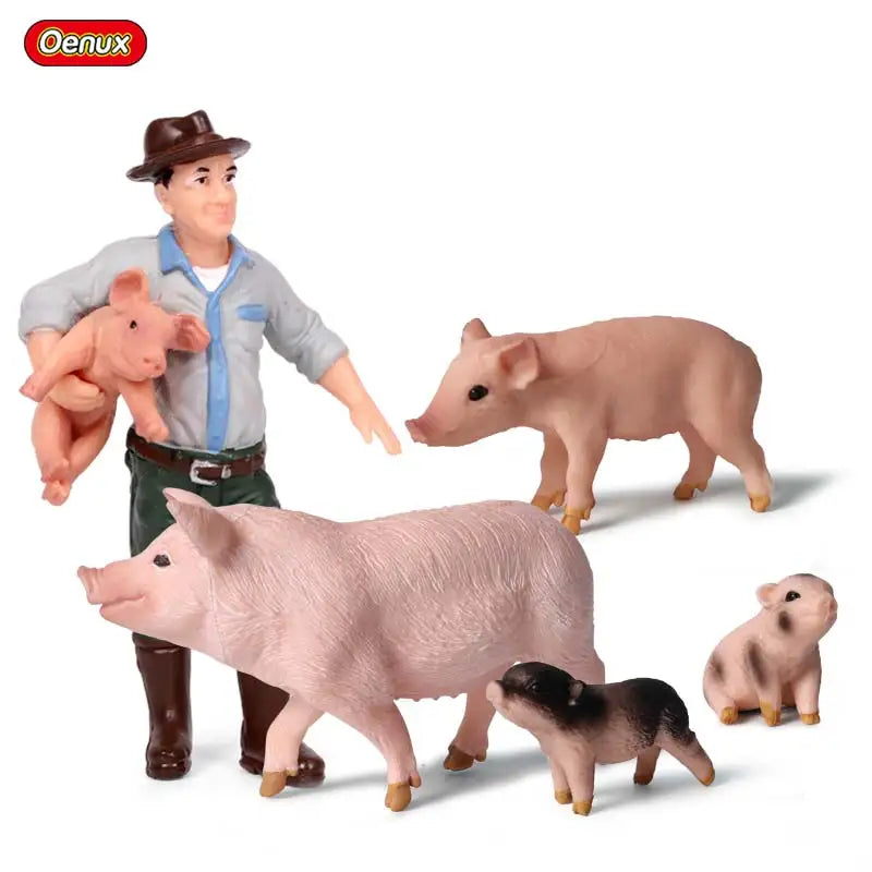 Oenux Farm House Modello Action Figures Agricoltore Moto Mucca Gallina Maiale Animali Set Figurine in miniatura PVC Simpatico giocattolo educativo per bambini