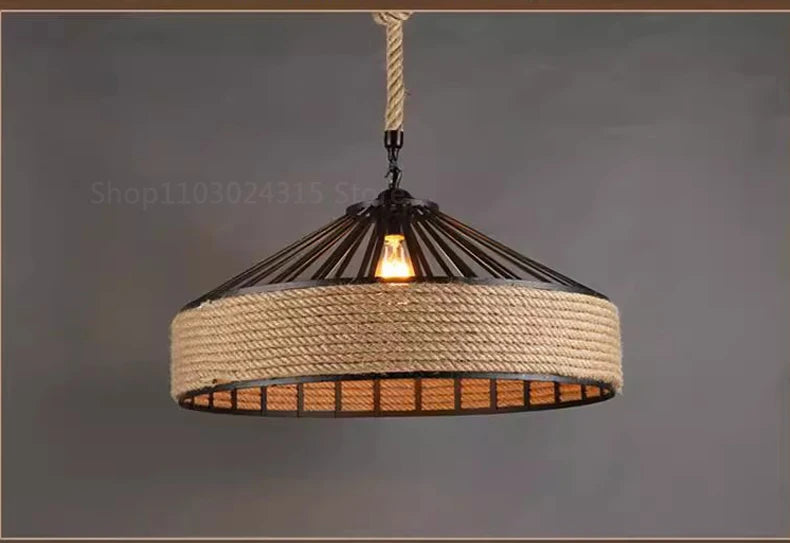 Lampada a Sospensione in Corda di Canapa, Ferro Industriale Retrò, Stile Classico per Sala da Pranzo