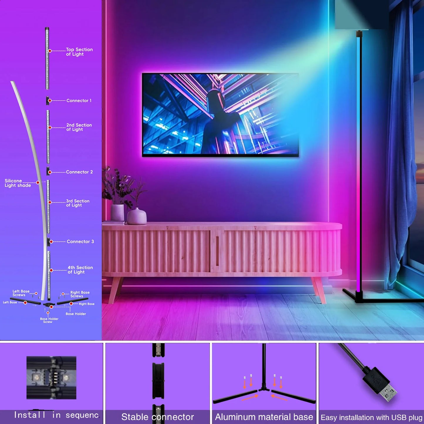 Lampada Da Terra Angolare Rgb Con Controllo Via App Dimmabile E Sincronizzazione Musicale Per Salotti Moderni
