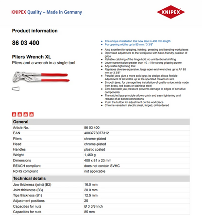 Knipex Pinza Idraulica Regolabile Cromata Multifunzione Isolata Per Lavori Tecnici