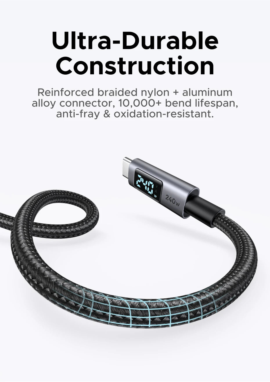 Cavo USB-C PD3.1 240W Ricarica Veloce e Trasferimento Dati, Corpo in Alluminio Nylon Intrecciato