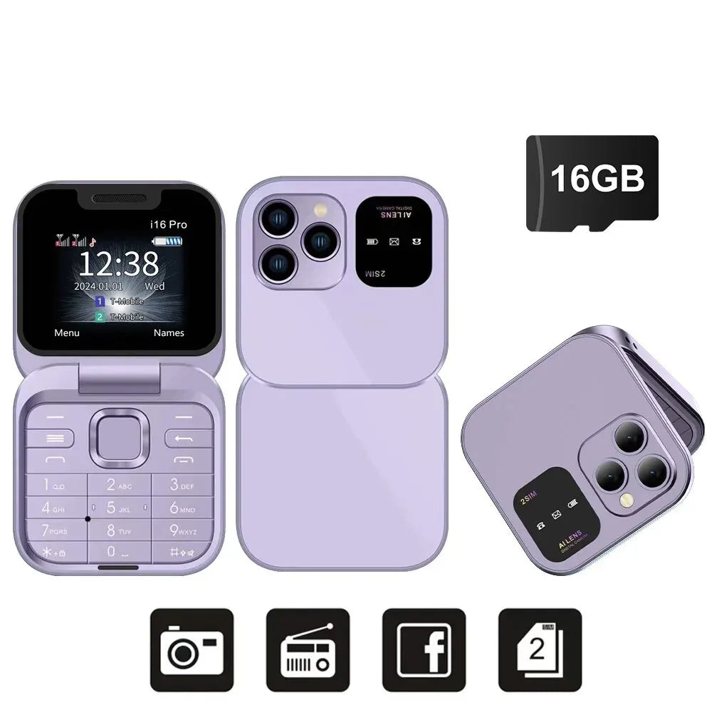 Telefono Cellulare Flip 2G Doppia SIM 1,77 Pollici Batteria 1000 mAh Lettore Video FM Jack Da 3,5 Mm