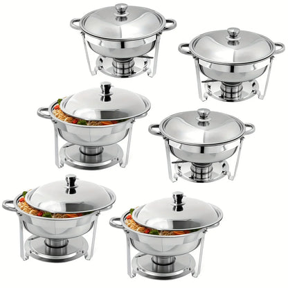 Set Da 6 Scaldavivande Rotondi In Acciaio Inossidabile 5 Litri Con Vassoi Per Cibo E Bevande Per Buffet