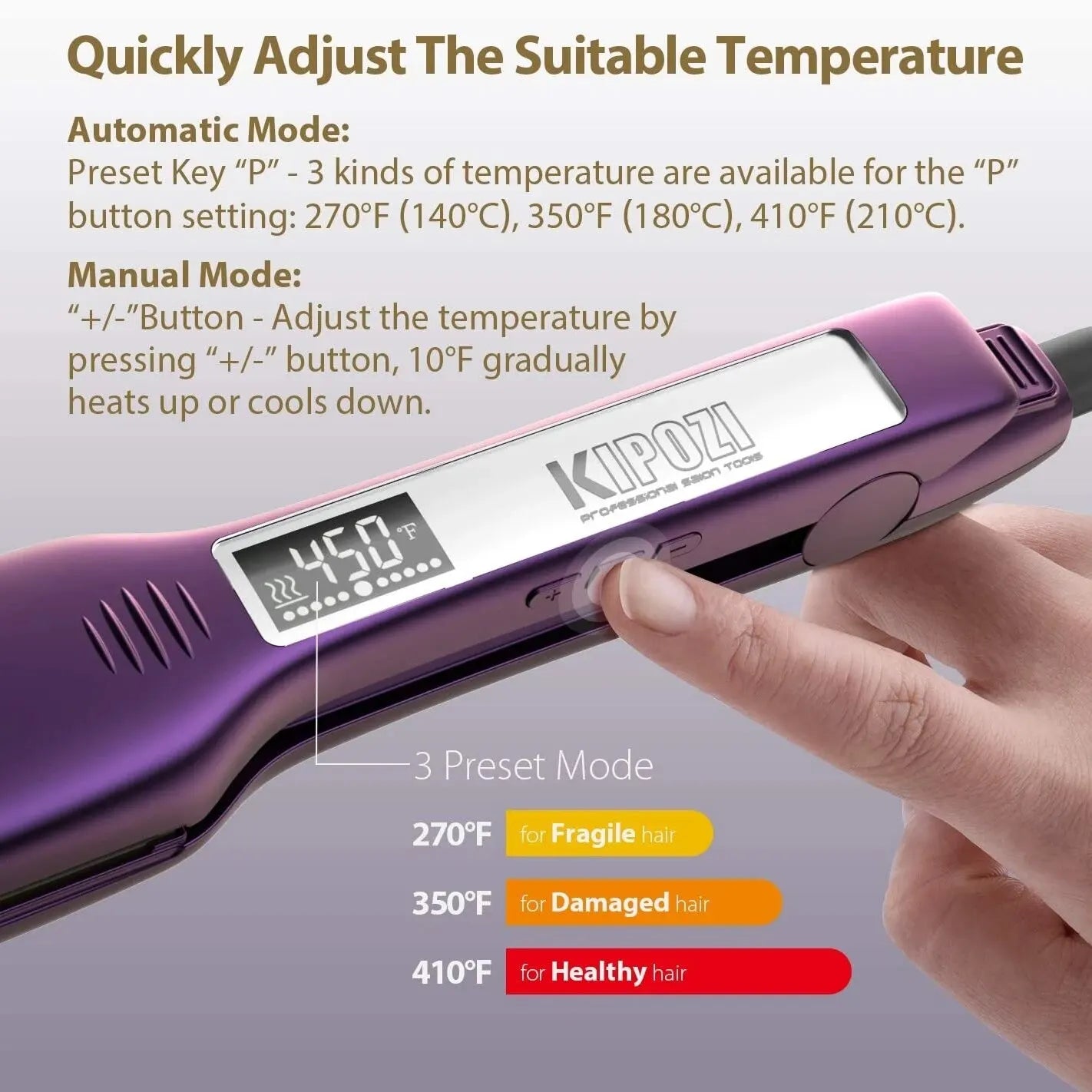 Piastra per capelli professionale KIPOZI in ferro piatto al titanio con display LCD digitale Ferro arricciacapelli a riscaldamento istantaneo a doppia tensione