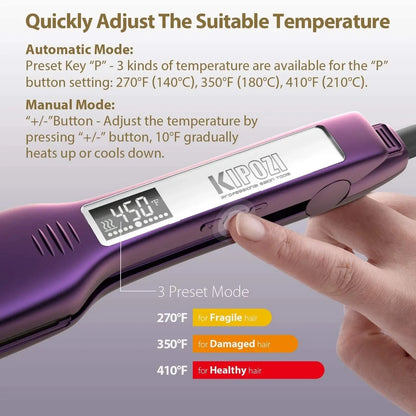Piastra per capelli professionale KIPOZI in ferro piatto al titanio con display LCD digitale Ferro arricciacapelli a riscaldamento istantaneo a doppia tensione