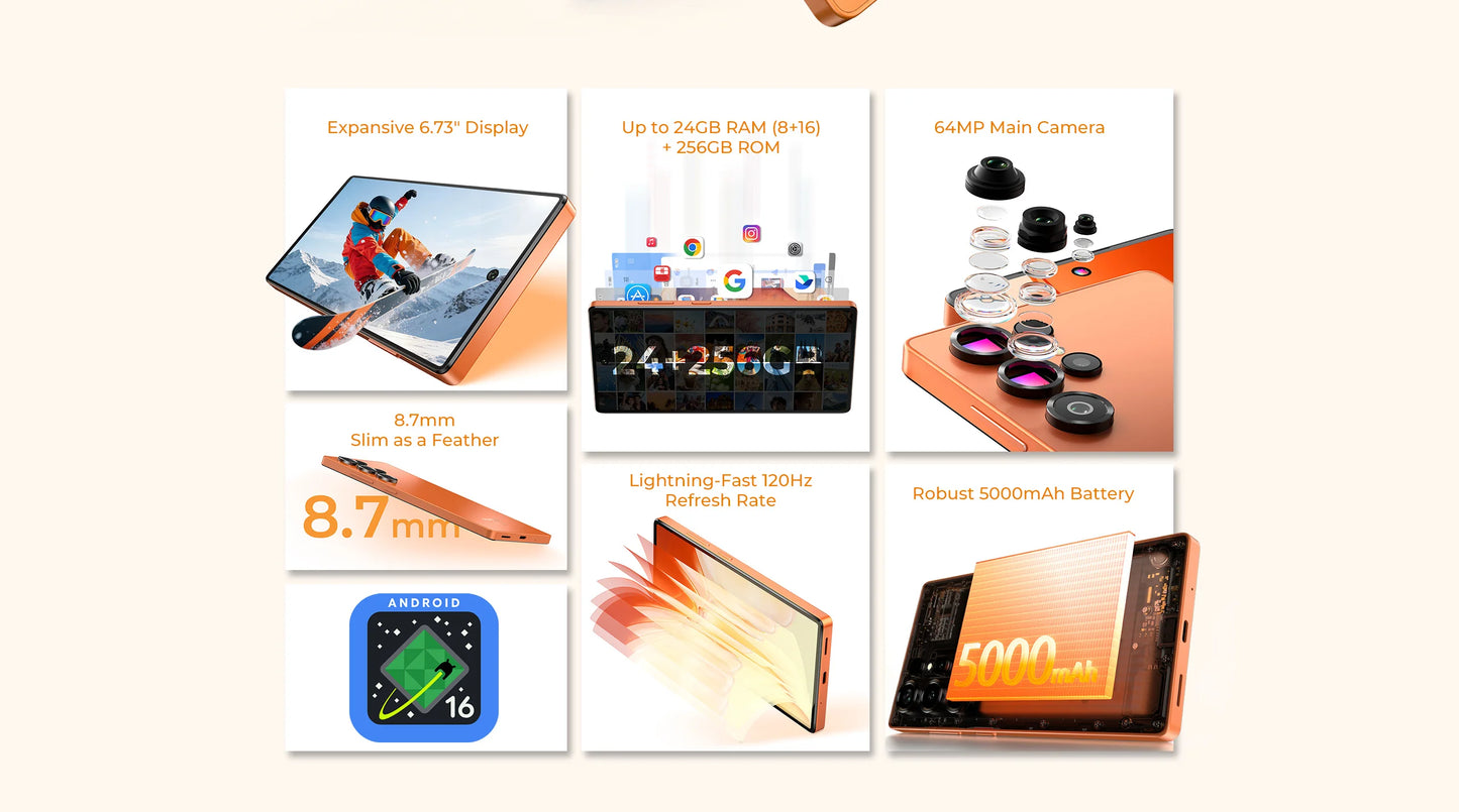 Smartphone OUKITEL C66 Android 16, Telefono 6.73” HD+ 24GB(8+16)+256GB, 5150mAh Dual 4G NFC, 120Hz, Fotocamera Principale 64MP