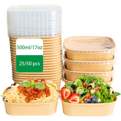 Ciotole Di Carta Kraft Usa E Getta Con Coperchio Rettangolari 500 Ml Zuppe Dolcetti Confezioni 25 o 50 Pezzi Ecologiche