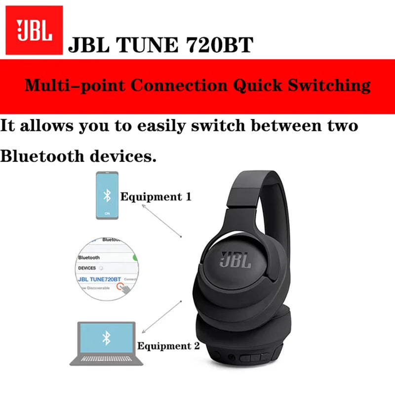 JBL TUNE 720BT Cuffie stile over-ear wireless Bluetooth originali autentiche Connessione multipunto pieghevole per musica sportiva