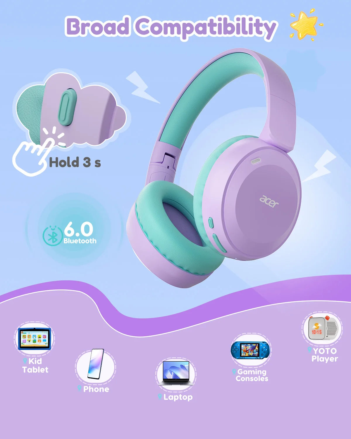 Cuffie Bluetooth 6.0 Per Bambini, Volume Limite 85/94 dB, Leggere, Wireless Over Ear Con Microfono Integrato