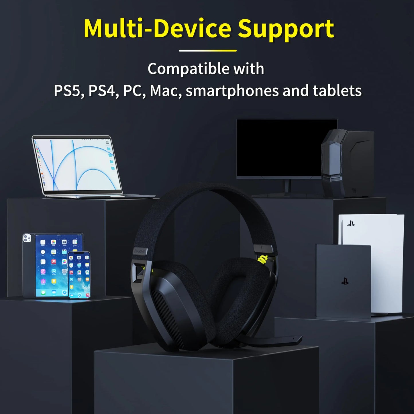 BINNUNE BW06 Cuffie da gioco wireless da 2,4 GHz con microfono per PS5 PS4 PC Mac Playstation Cuffie da gioco Bluetooth con microfono