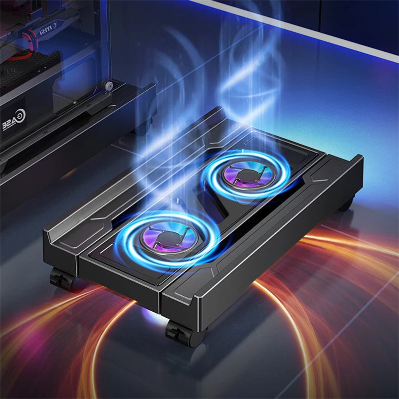 Supporto per torre per PC mobile Supporto per CPU per computer regolabile Supporto da tavolo telescopico Carrello per CPU con ventola di raffreddamento RGB Dissipazione del calore
