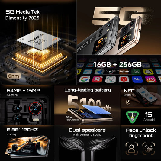Cellulari Smartphone 5G Cubot X100, Android 15, Dimensity 7025, 6nm, 2.5GHz, schermo da 6.88 pollici 120Hz, 16GB RAM (8GB+8GB estesi), 256GB ROM, fotocamera da 64MP, batteria da 5100mAh, telefoni 5G, NFC telefono, GPS