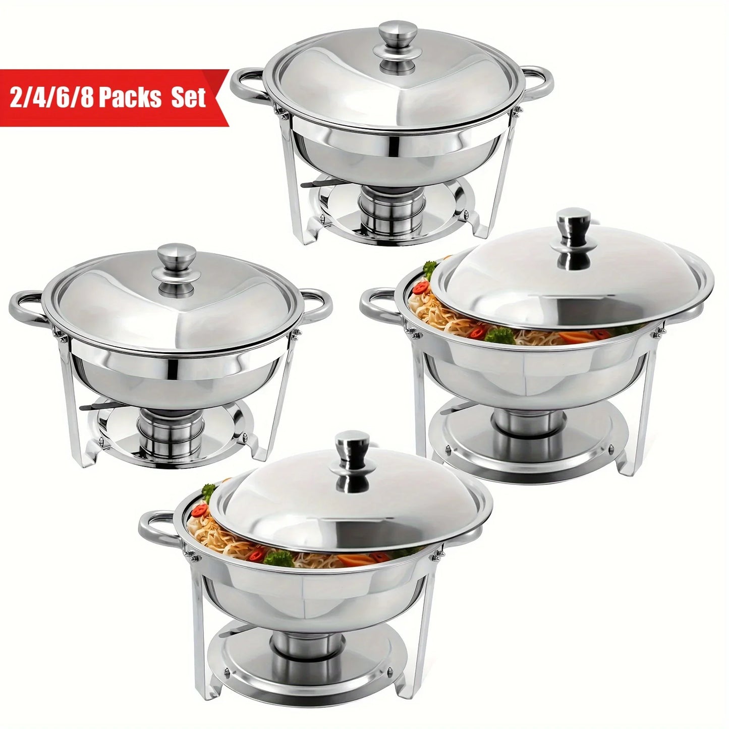 Set Da 6 Scaldavivande Rotondi In Acciaio Inossidabile 5 Litri Con Vassoi Per Cibo E Bevande Per Buffet