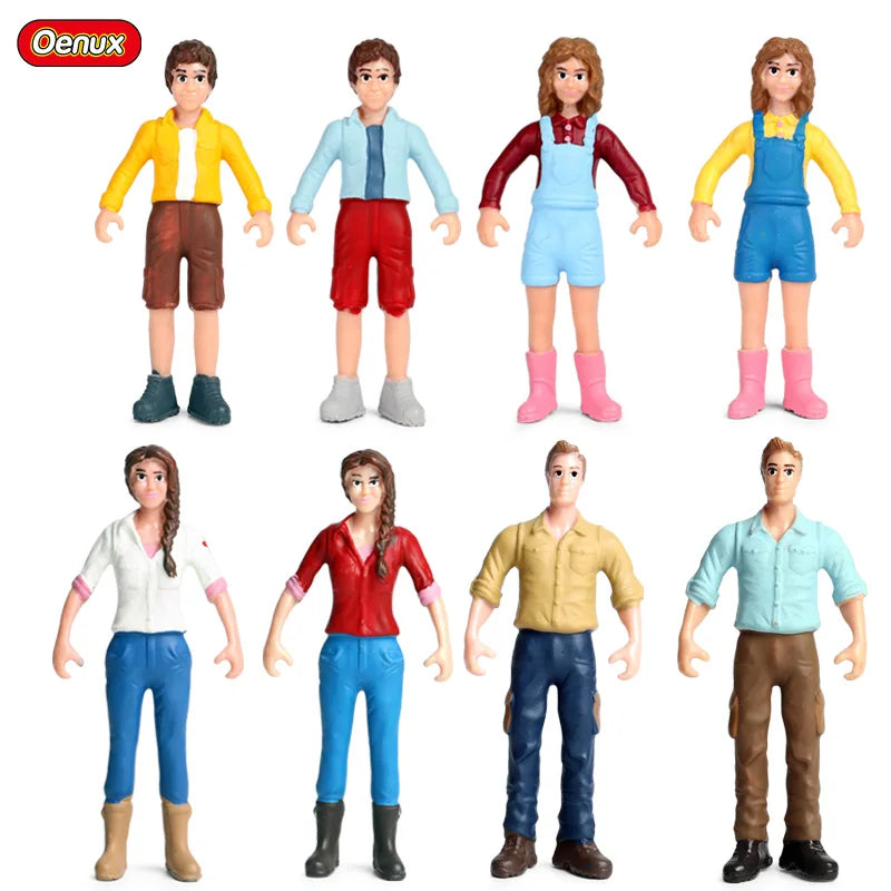 Oenux Farm House Modello Action Figures Agricoltore Moto Mucca Gallina Maiale Animali Set Figurine in miniatura PVC Simpatico giocattolo educativo per bambini