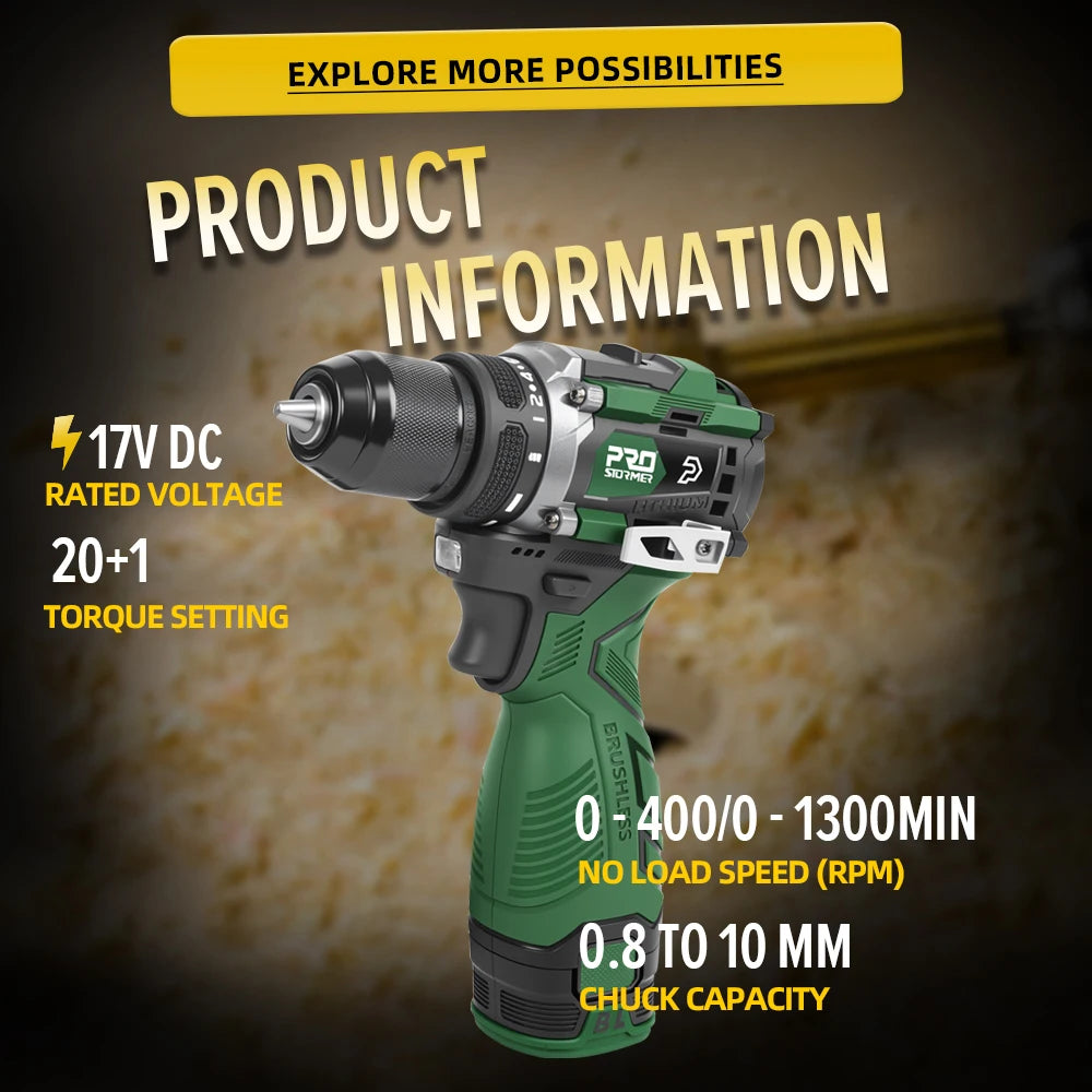 Prostormer Trapano Avvitatore Elettrico Brushless 17V 60 Nm Led Impostazioni 20 e 1 Portatile