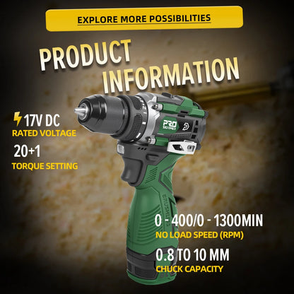Prostormer Trapano Avvitatore Elettrico Brushless 17V 60 Nm Led Impostazioni 20 e 1 Portatile