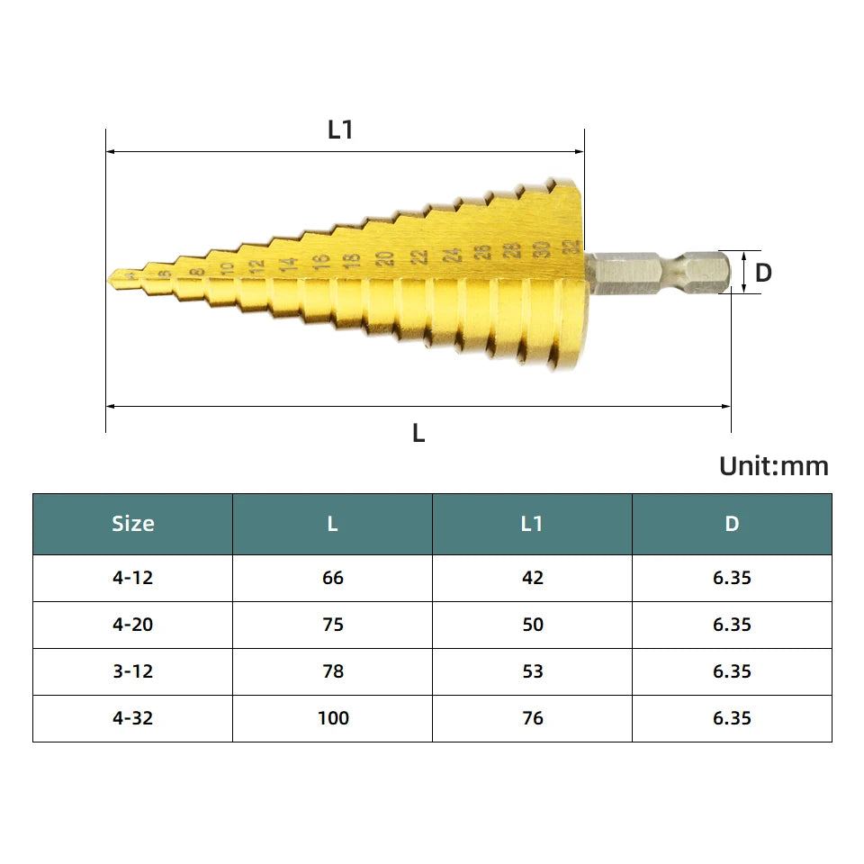 Set Punte Gradino Titanio HSS 4-12, 4-20, 4-32 Mm Per Metallo E Legno Utensili Da Trapano Di Precisione