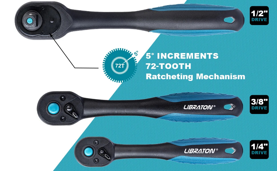 LIBRATON Chiave a cricchetto da 72 denti Maniglia a cricchetto a sgancio rapido reversibile 1/4 '' 3/8 '' 1/2 '' Drive Strumento di riparazione automatica Strumenti fai da te per la casa